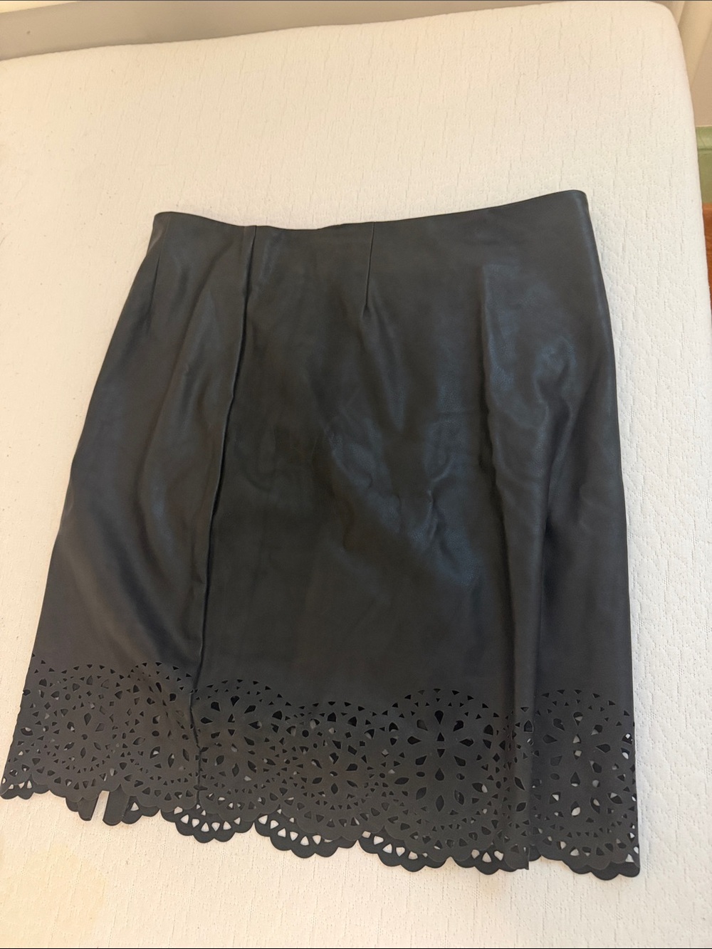 Colleen Lopez Black Faux Leather Pencil Skirt with Laser-Cut Hem